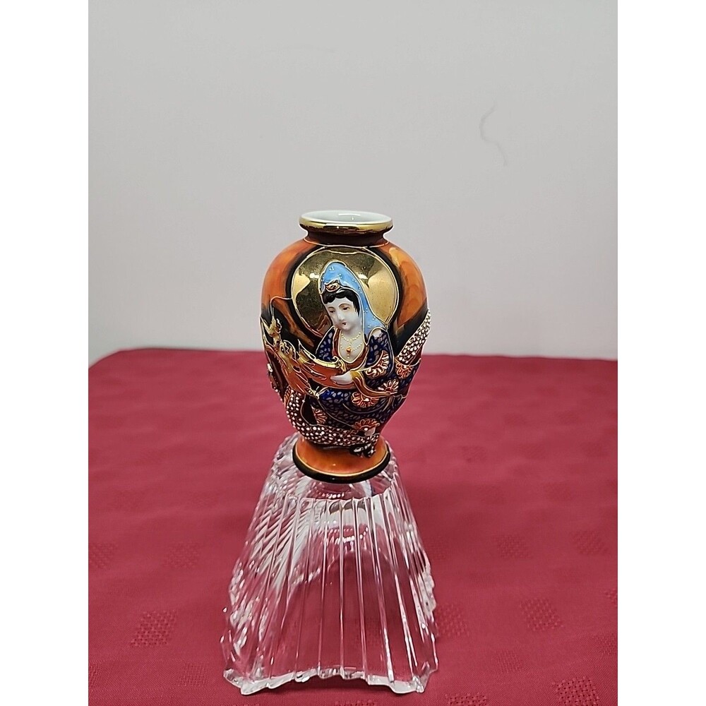Vintage Japanese Satsuma Moriage Porcelain Vase Goddess Benzaiten W Dragon 5.5IN